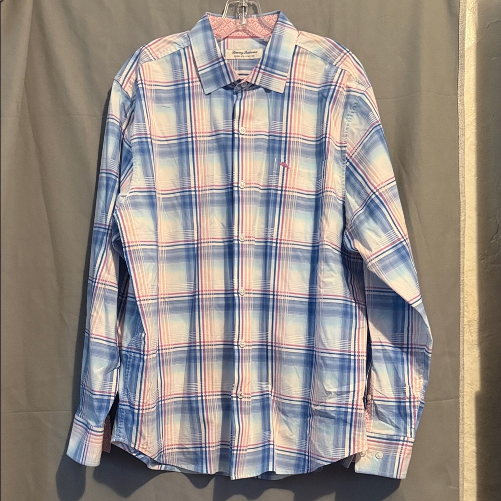 Tommy Bahama Men's Sarasota Stretch Blue and Pink Plaid Shirt
